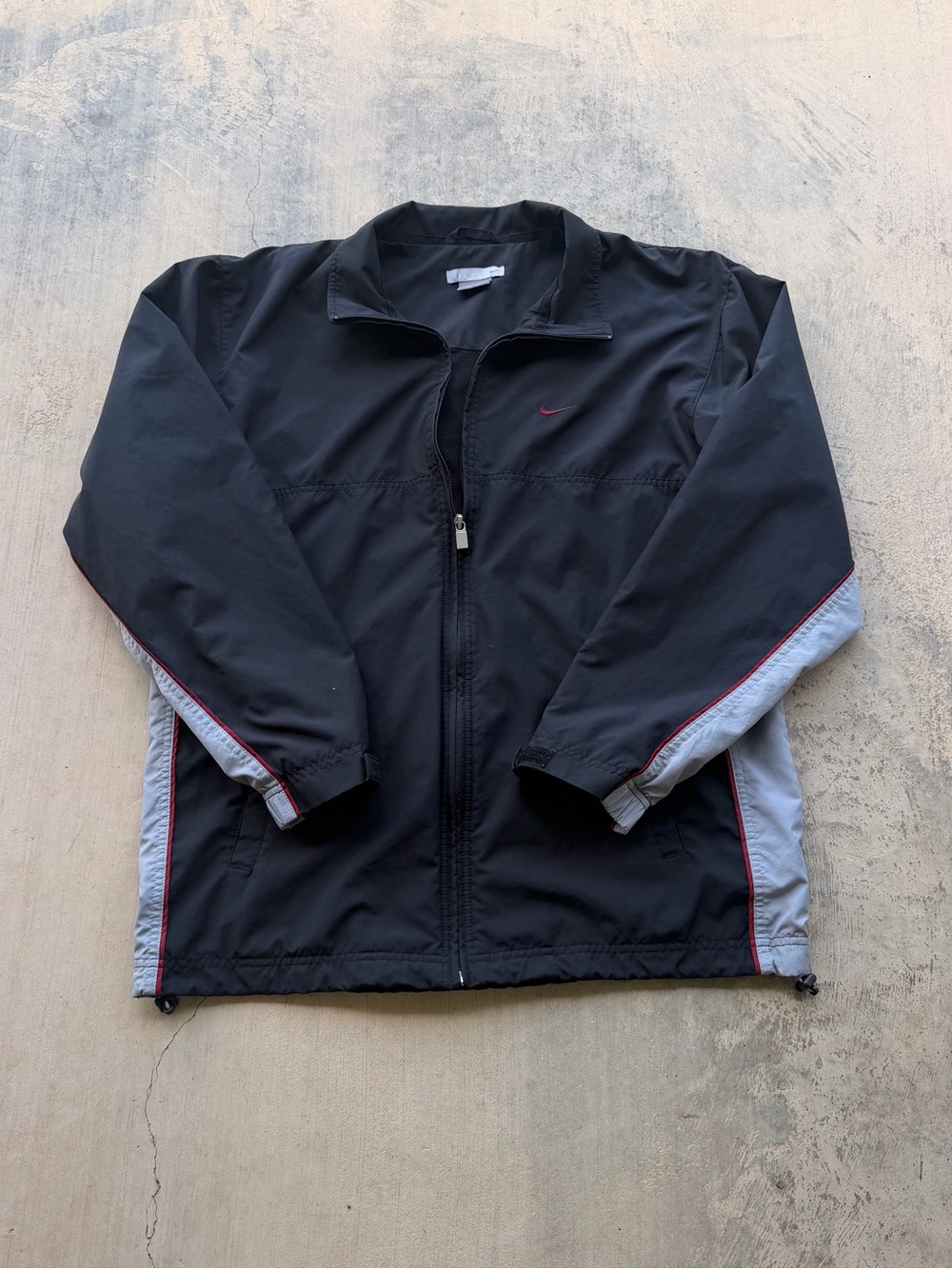 Vintage Nike Black Windbreaker Jacket with Gray Panels and Red Piping medium